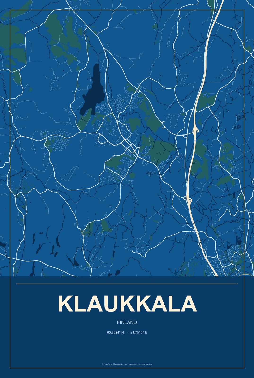 Klaukkala, Finland City Map Aluminum Sign in Harbor Cobalt style