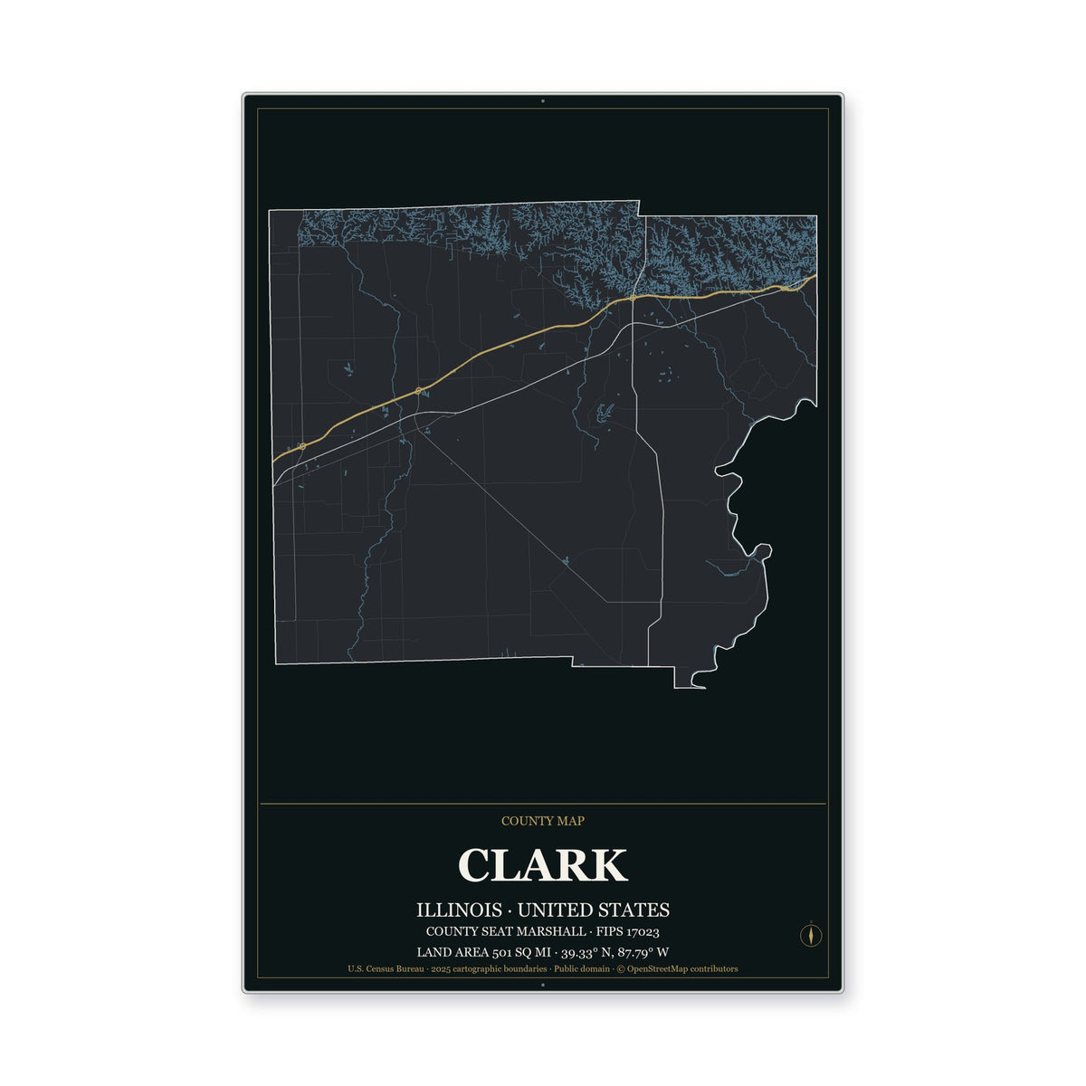 Clark County, Illinois Map Aluminum Sign in Metropolitan Noir style