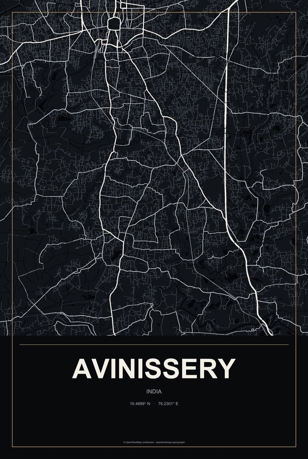 Avinissery, India City Map Aluminum Sign in Metropolitan Noir style