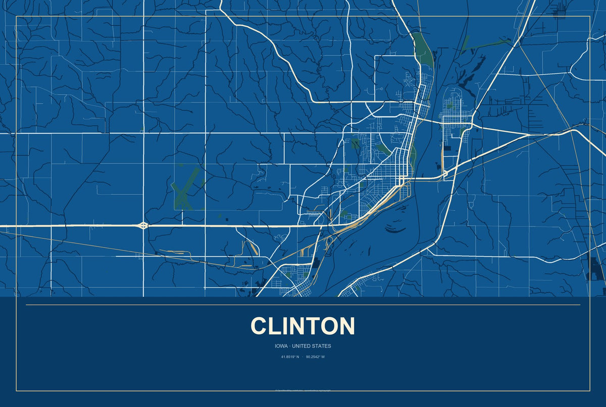 Clinton, Iowa City Map Aluminum Sign in Harbor Cobalt style