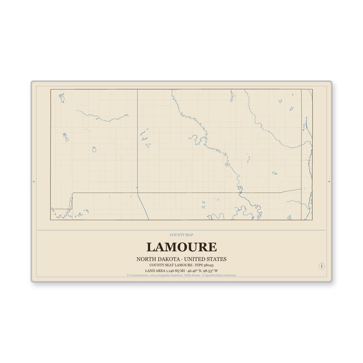 LaMoure County, North Dakota Map Aluminum Sign in Heritage Nautical style