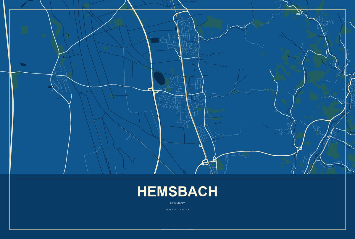 Hemsbach, Germany City Map Aluminum Sign in Harbor Cobalt style