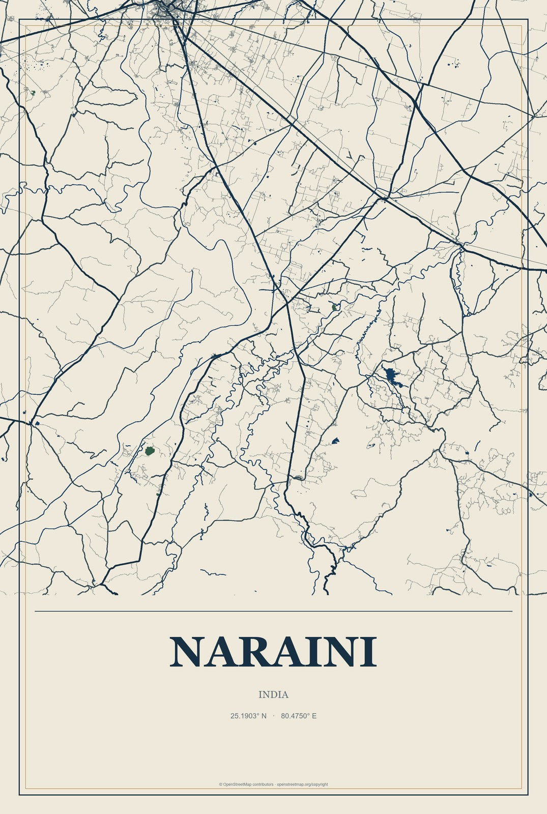 Naraini, India City Map Aluminum Sign in Coastal Cutout style