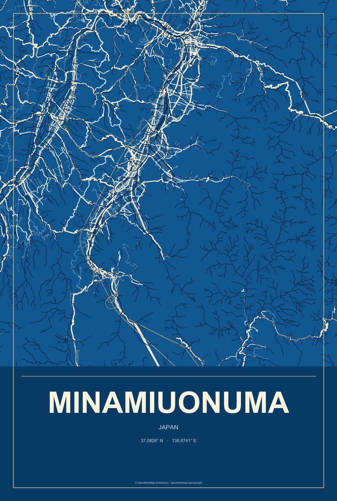 Minamiuonuma, Japan City Map Aluminum Sign in Harbor Cobalt style