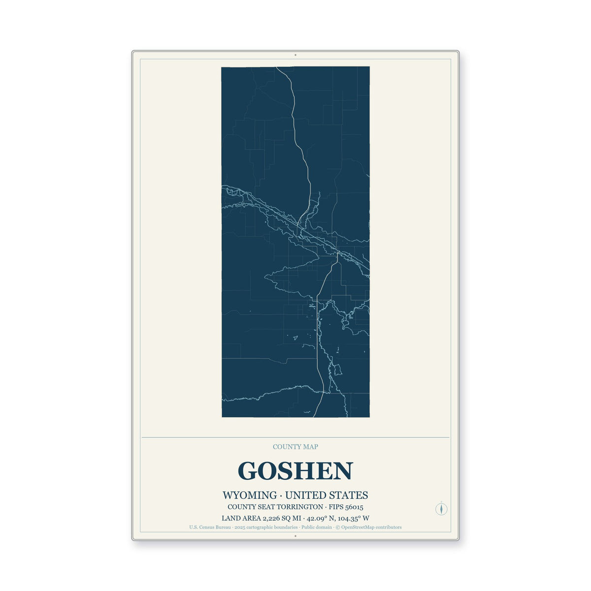 Goshen County, Wyoming Map Aluminum Sign in Coastal Cutout style