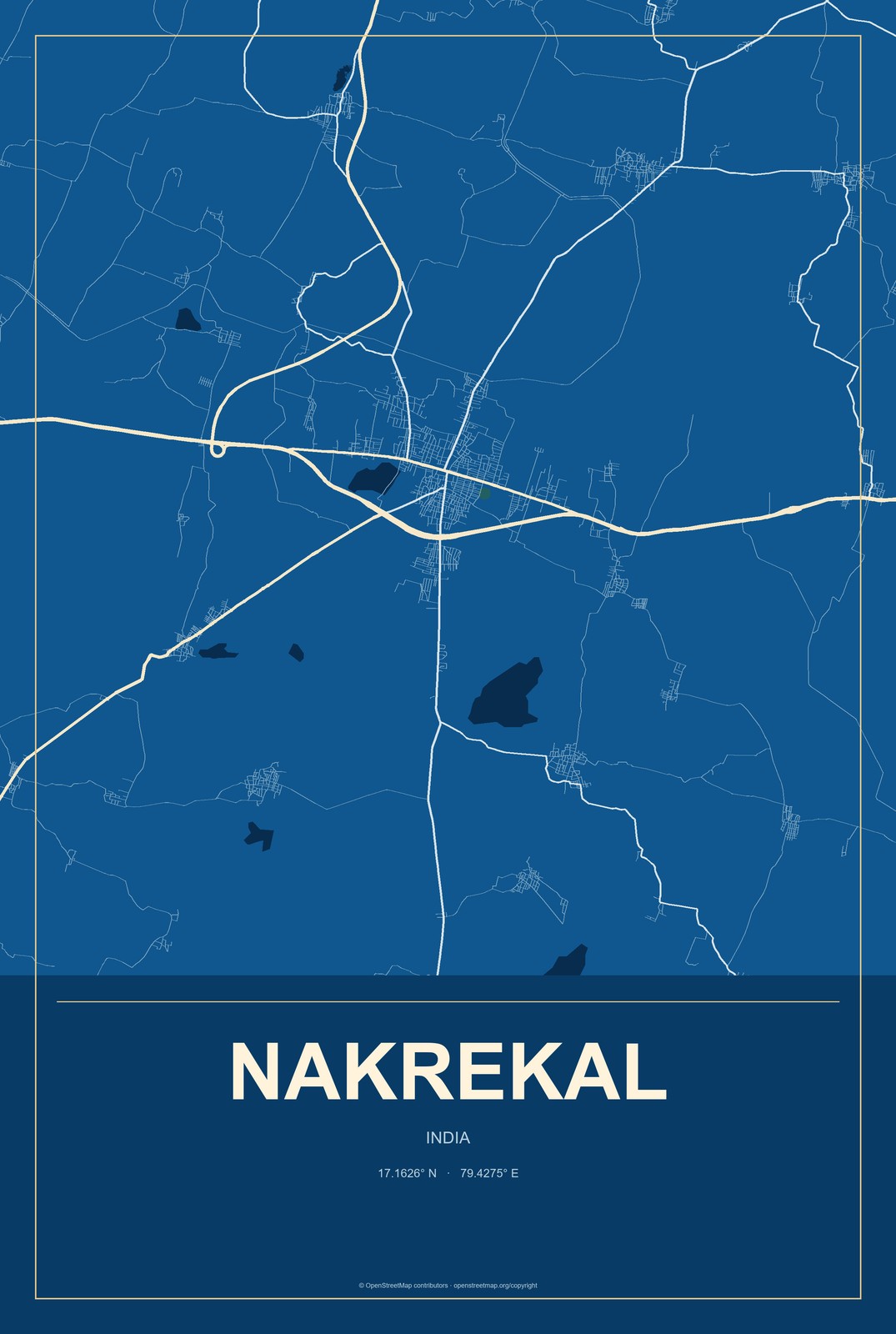 Nakrekal, India City Map Aluminum Sign in Harbor Cobalt style