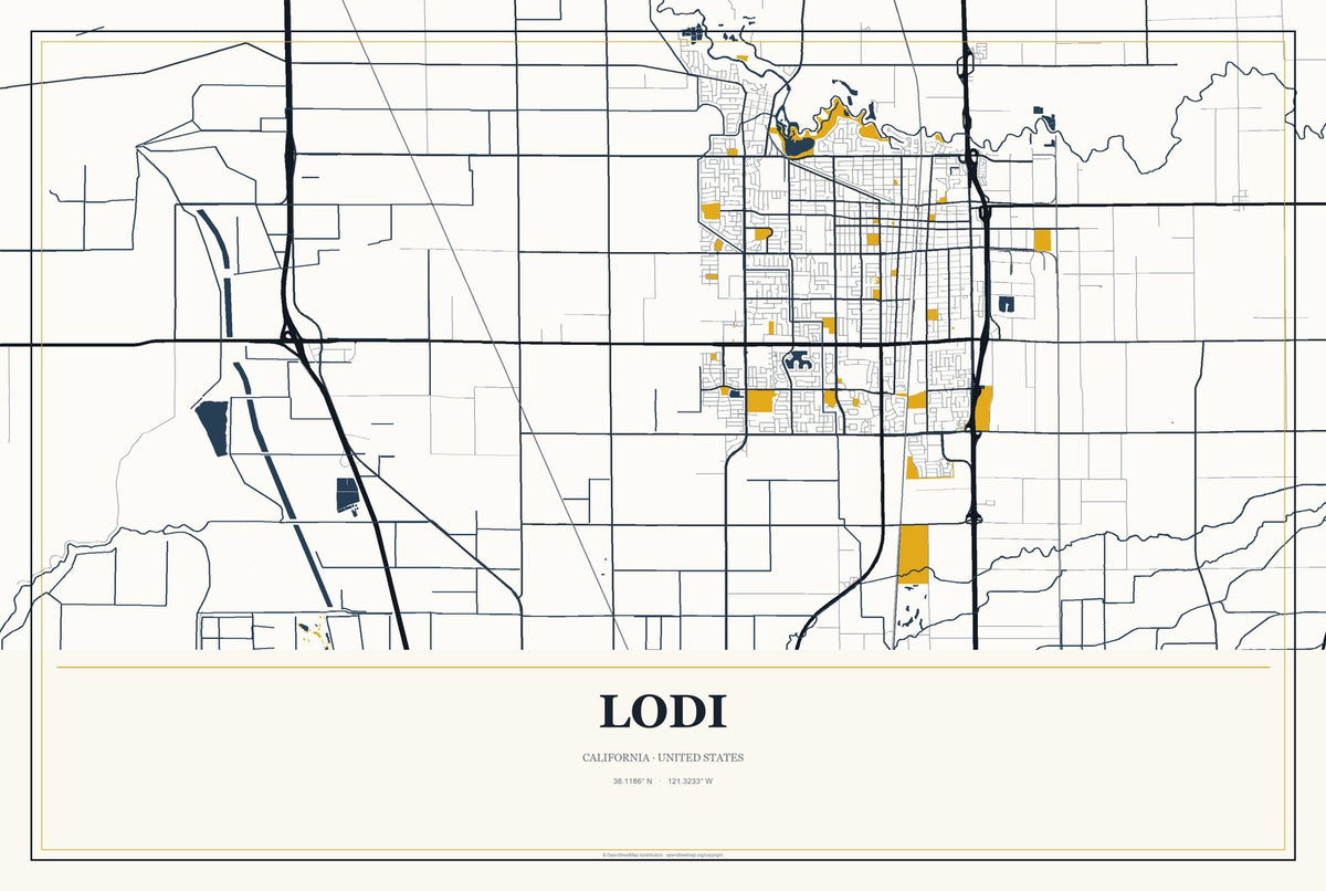 Lodi, California City Map Aluminum Sign in Citrine Modern style