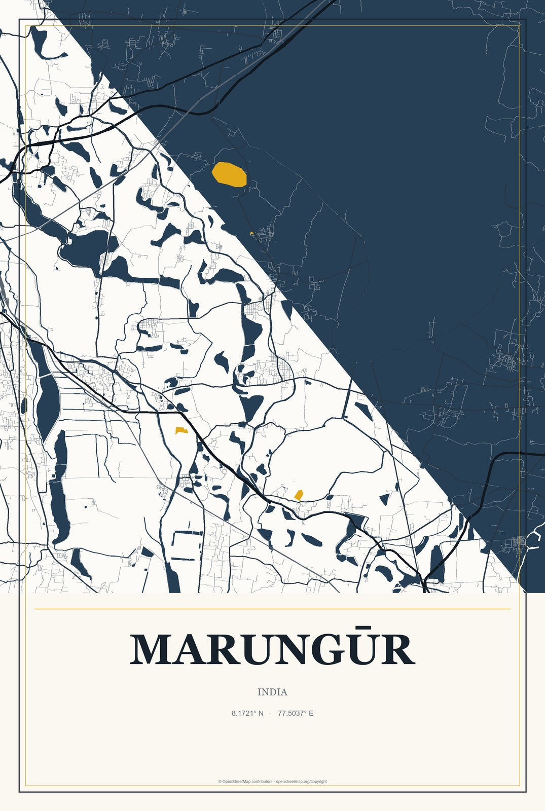 Marungūr, India City Map Aluminum Sign in Citrine Modern style