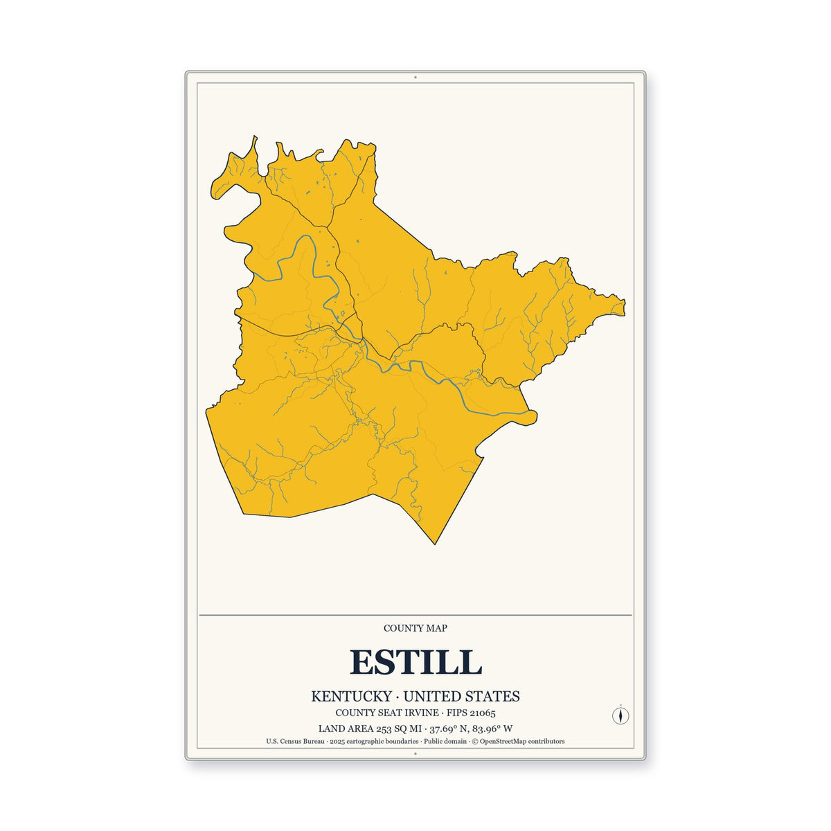 Estill County, Kentucky Map Aluminum Sign in Citrine Modern style