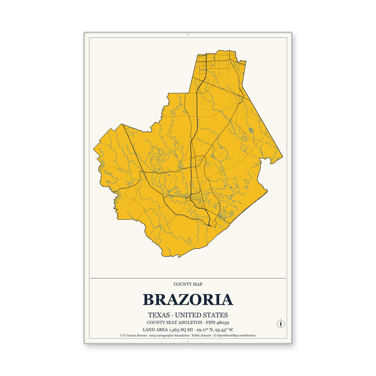 Brazoria County, Texas Map Aluminum Sign in Citrine Modern style