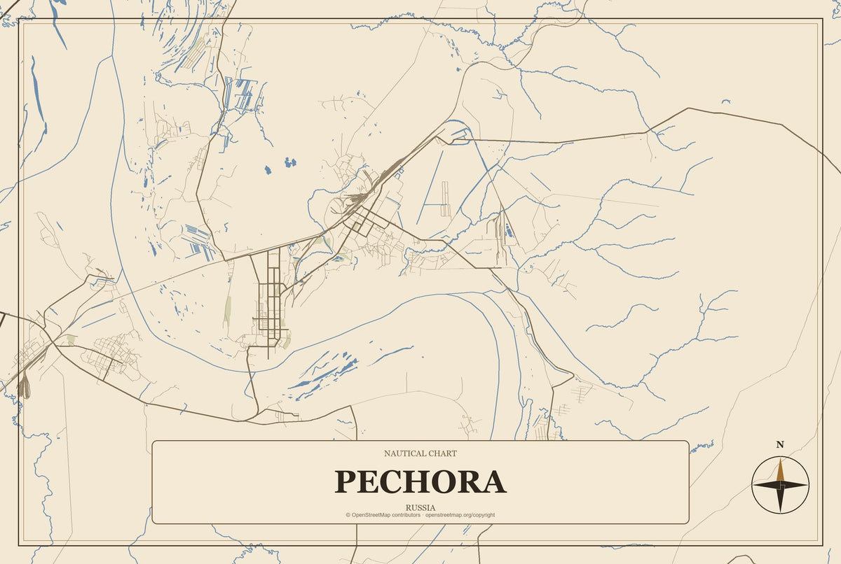 Pechora, Russia City Map Aluminum Sign in Heritage Nautical style