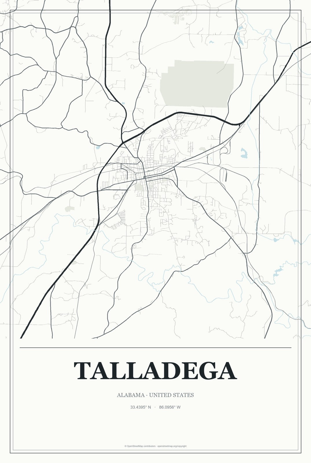 Talladega, Alabama City Map Aluminum Sign in Gallery Air style