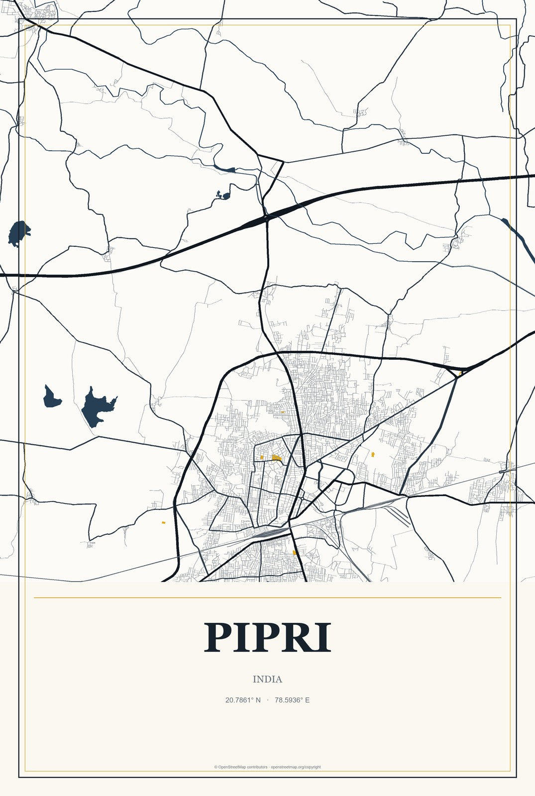 Pipri, India City Map Aluminum Sign in Citrine Modern style