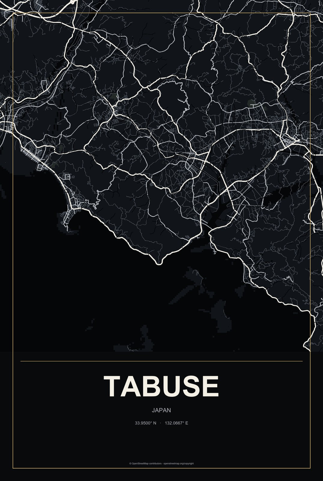 Tabuse, Japan City Map Aluminum Sign in Metropolitan Noir style