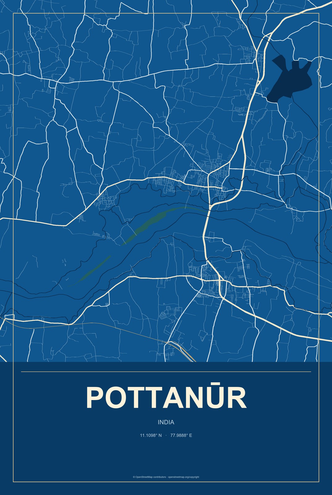 Pottanūr, India City Map Aluminum Sign in Harbor Cobalt style
