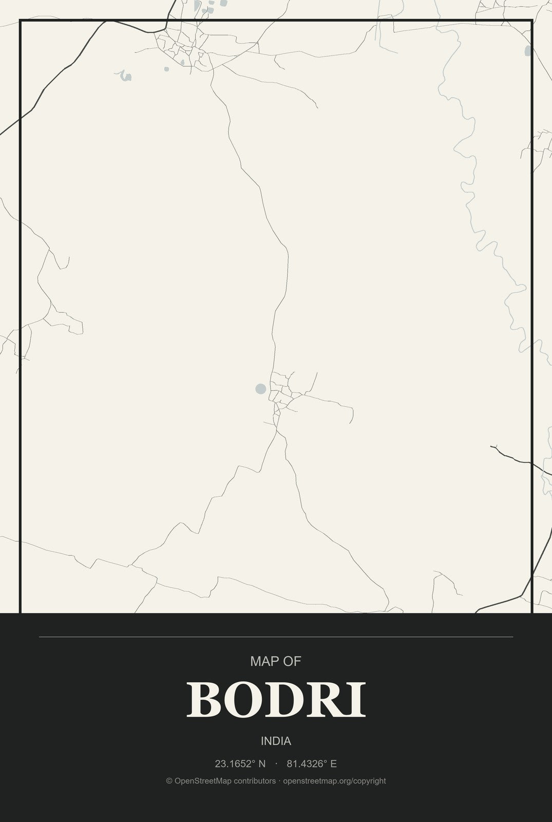 Bodri, India City Map Aluminum Sign in Museum Plaque style