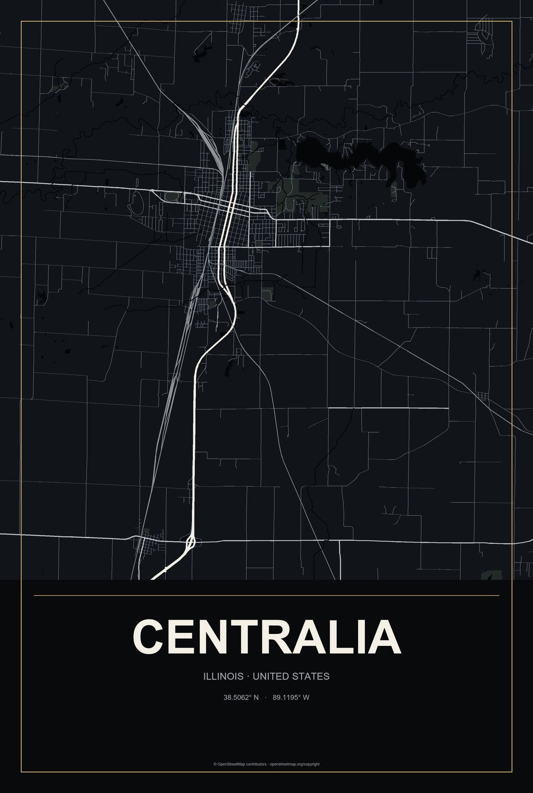 Centralia, Illinois City Map Aluminum Sign in Metropolitan Noir style