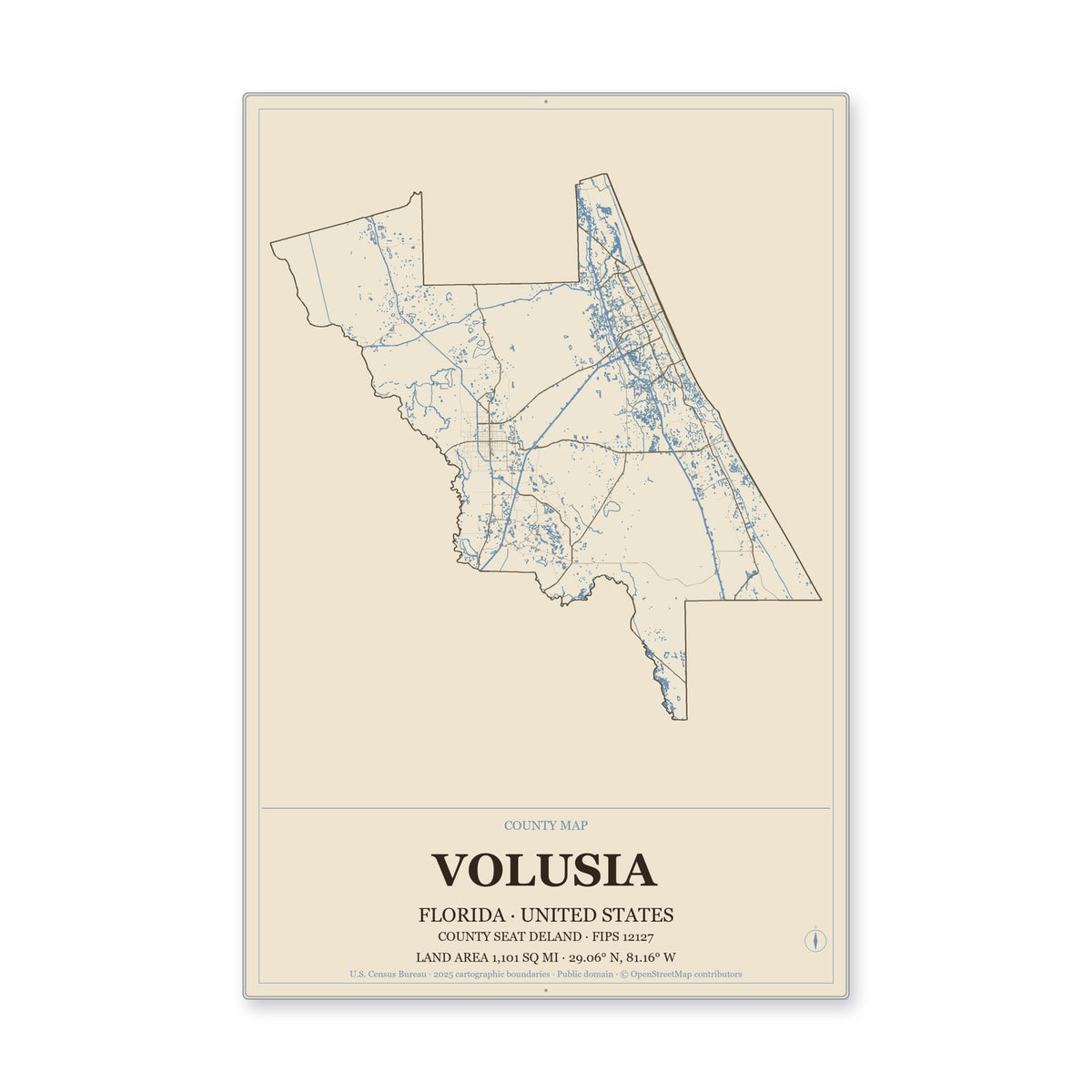 Volusia County, Florida Map Aluminum Sign in Heritage Nautical style