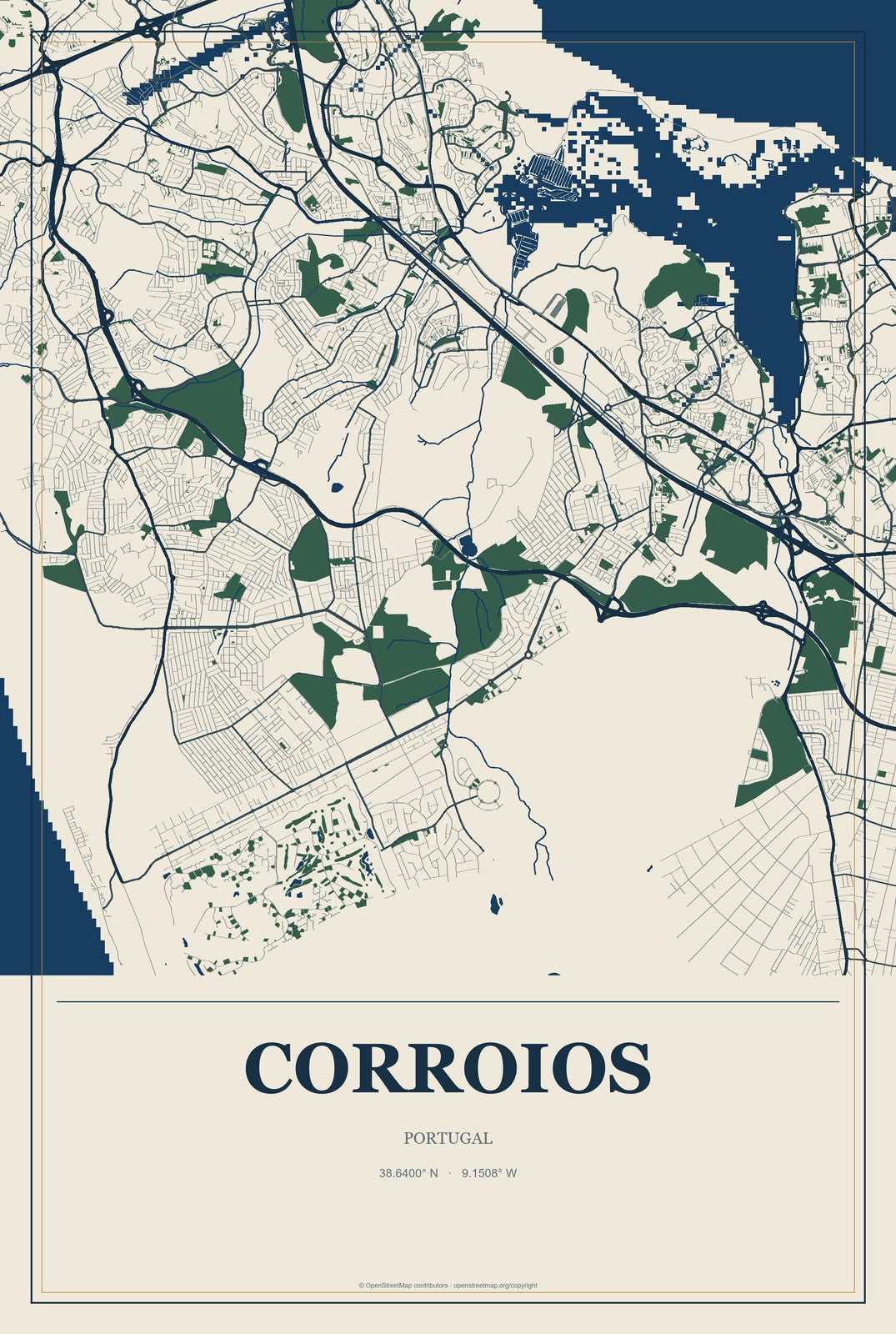 Corroios, Portugal City Map Aluminum Sign in Coastal Cutout style