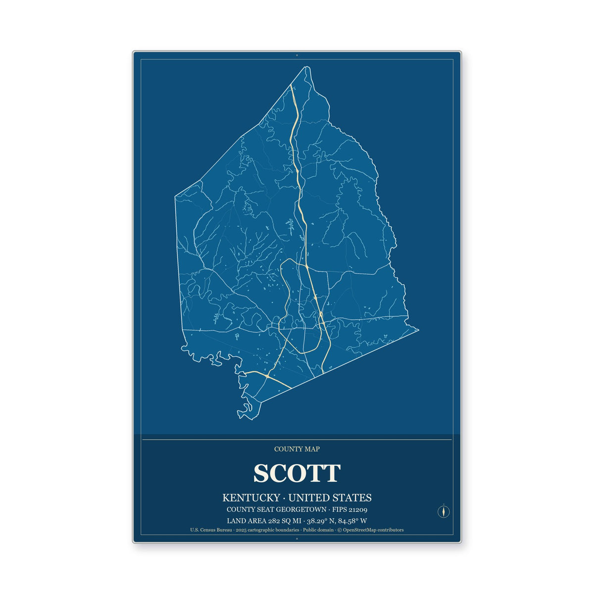 Scott County, Kentucky Map Aluminum Sign in Harbor Cobalt style