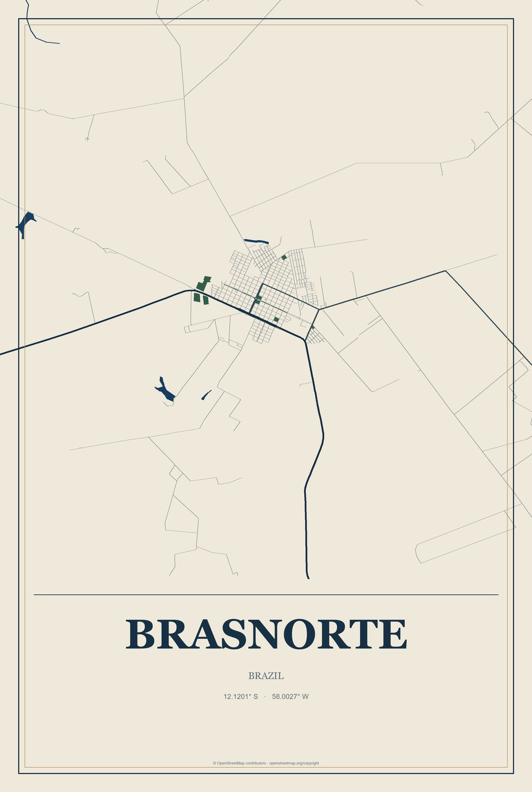 Brasnorte, Brazil City Map Aluminum Sign in Coastal Cutout style