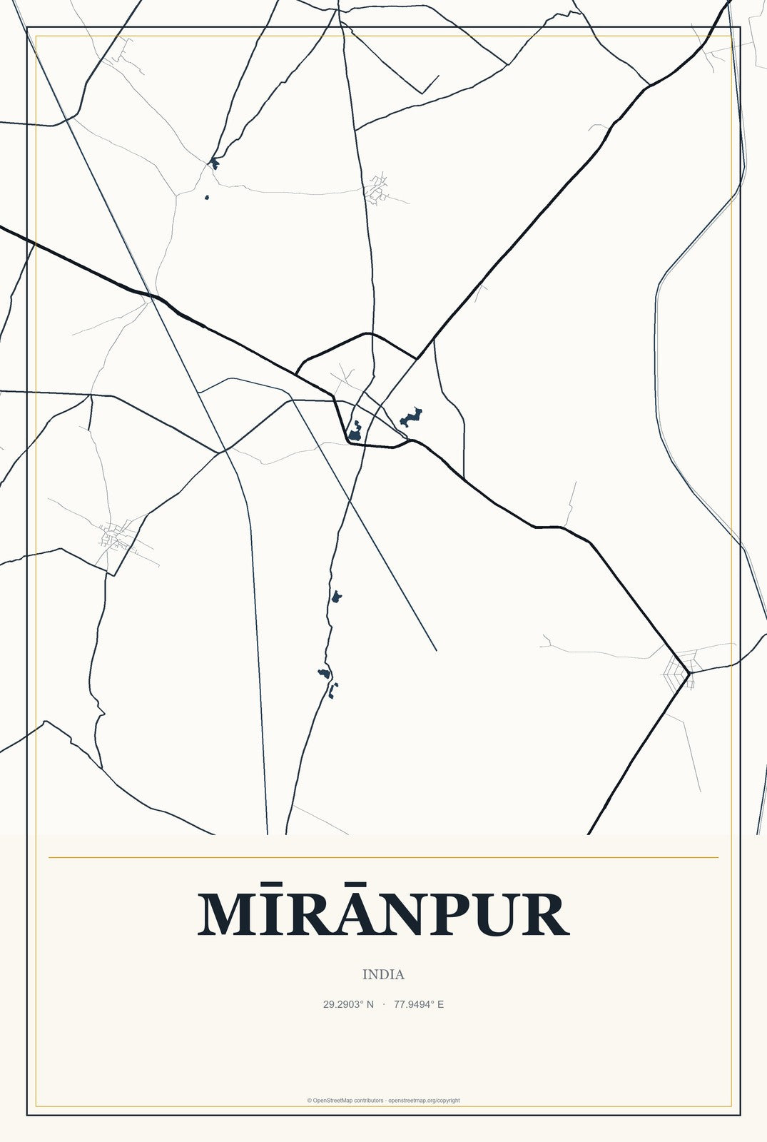 Mīrānpur, India City Map Aluminum Sign in Citrine Modern style