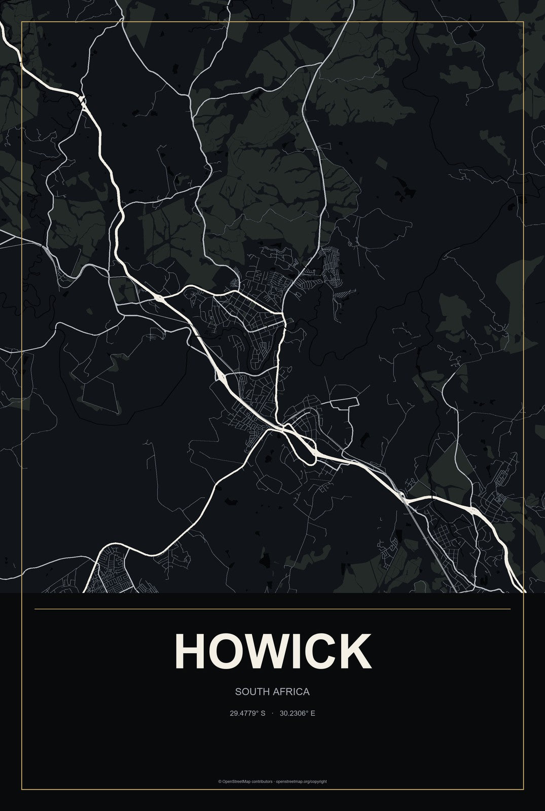 Howick, South Africa City Map Aluminum Sign in Metropolitan Noir style