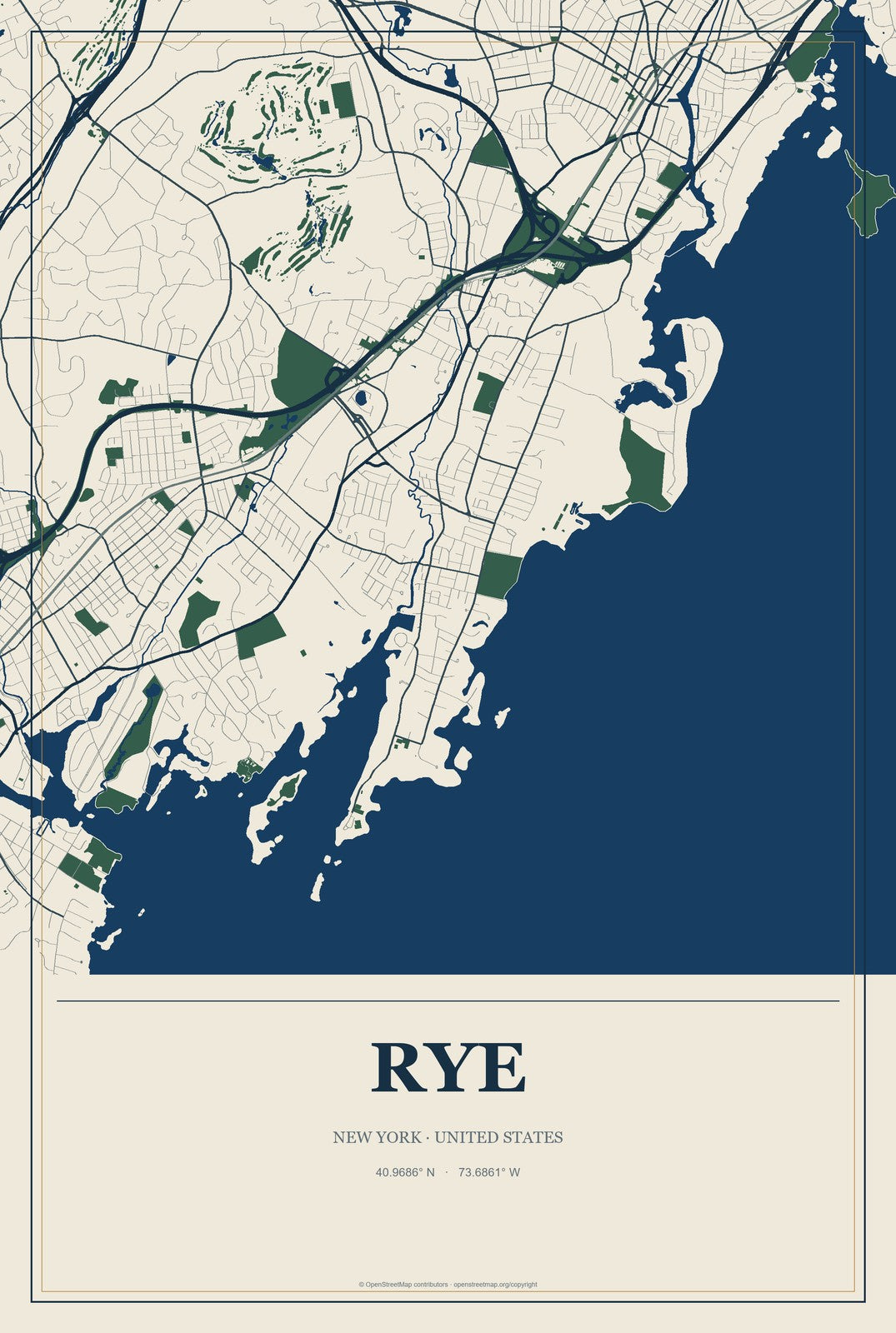 Rye, New York City Map Aluminum Sign in Coastal Cutout style