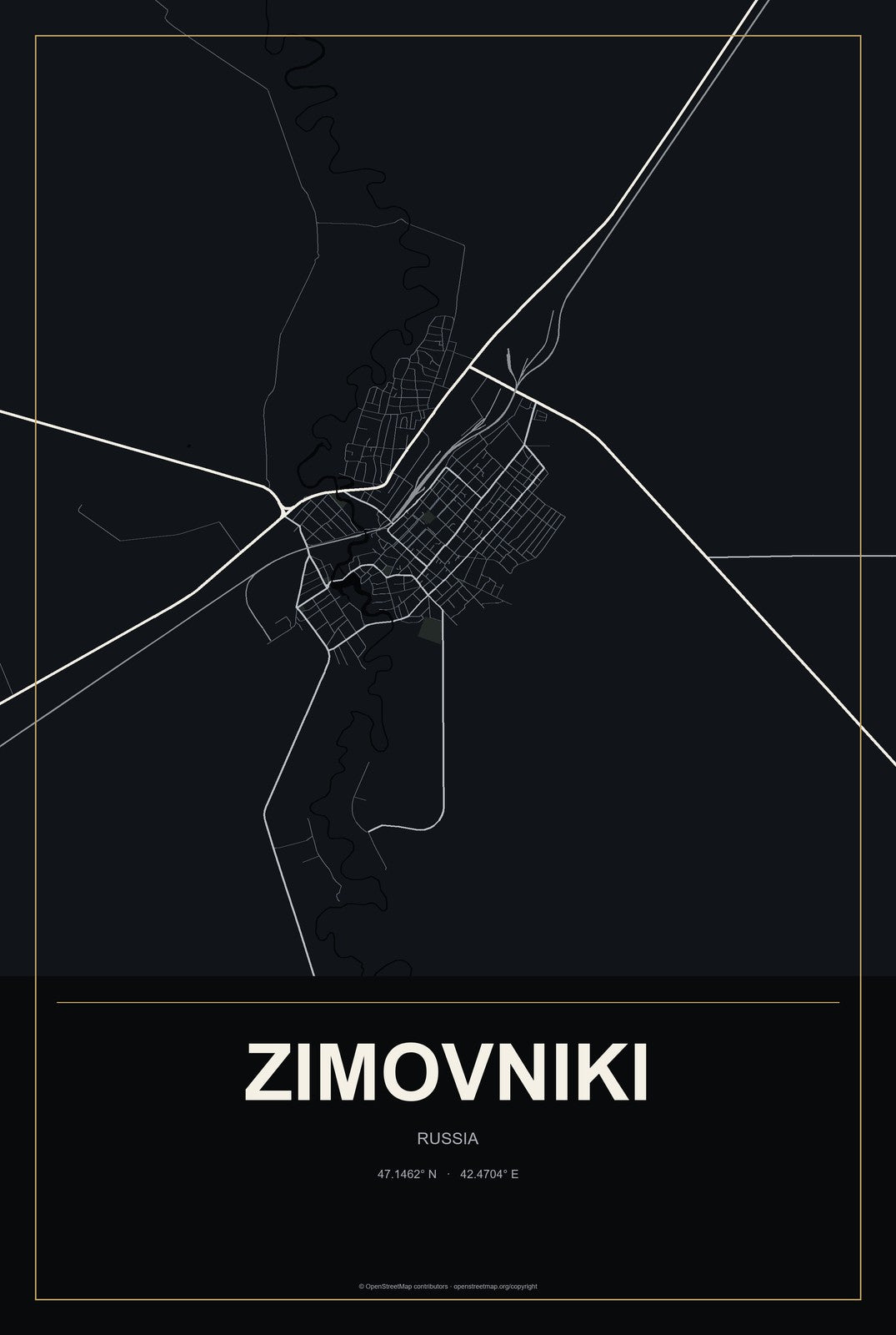 Zimovniki, Russia City Map Aluminum Sign in Metropolitan Noir style