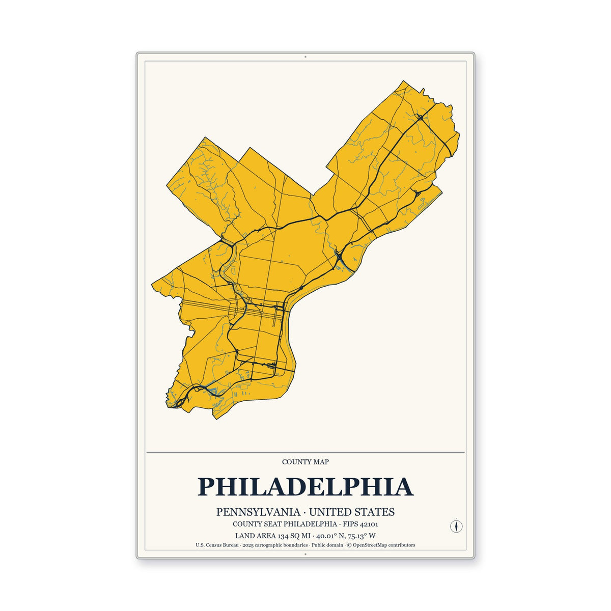 Philadelphia County, Pennsylvania Map Aluminum Sign in Citrine Modern style