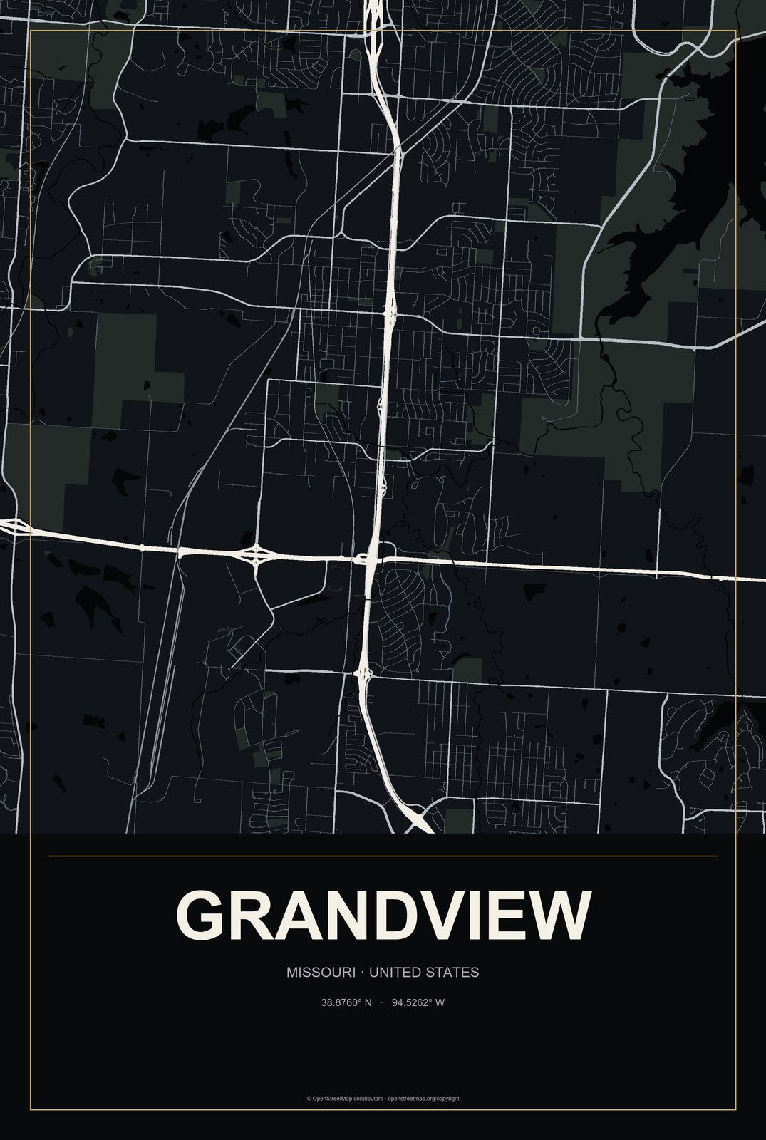Grandview, Missouri City Map Aluminum Sign in Metropolitan Noir style