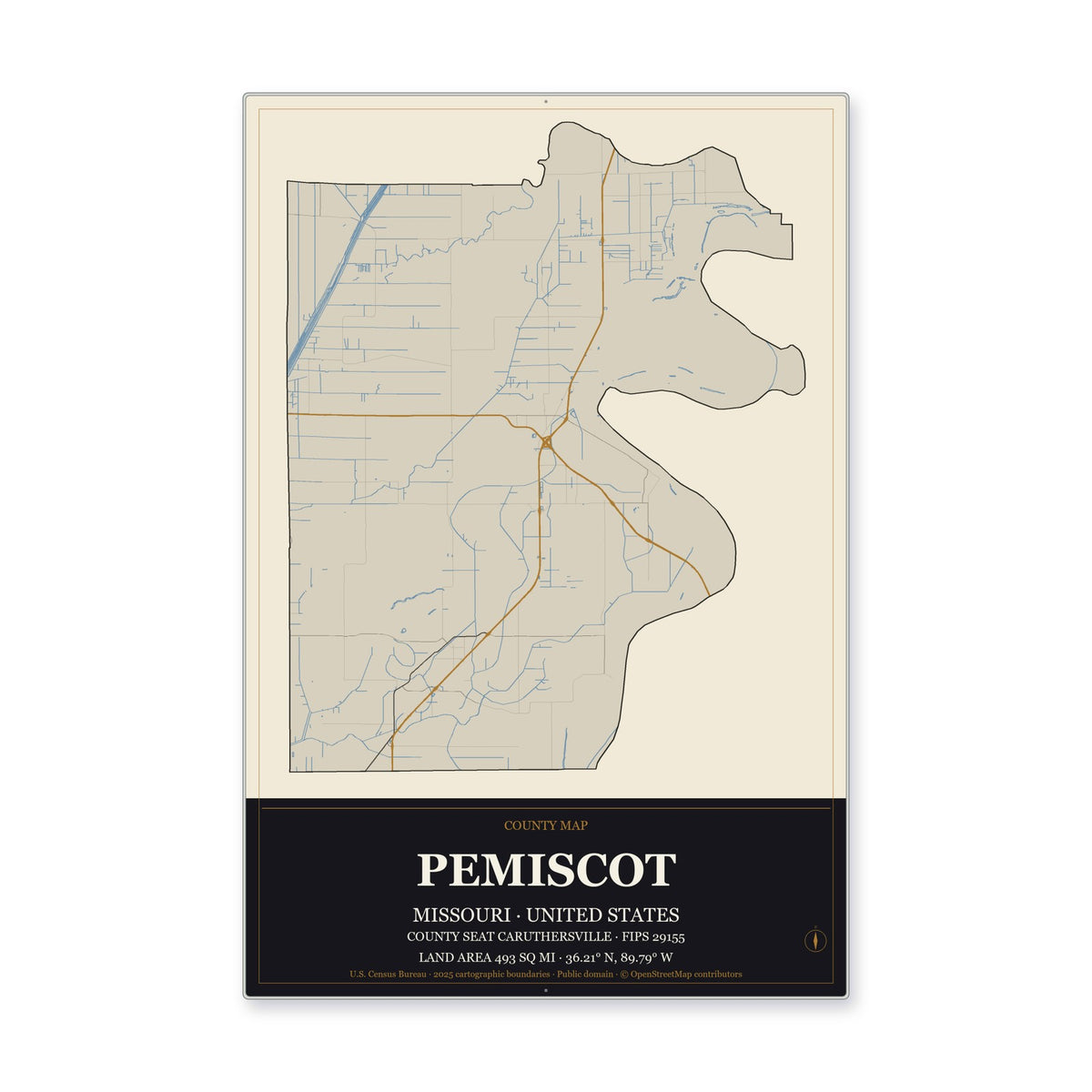 Pemiscot County, Missouri Map Aluminum Sign in Museum Plaque style