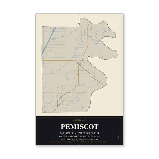 Pemiscot County, Missouri Map Aluminum Sign in Museum Plaque style