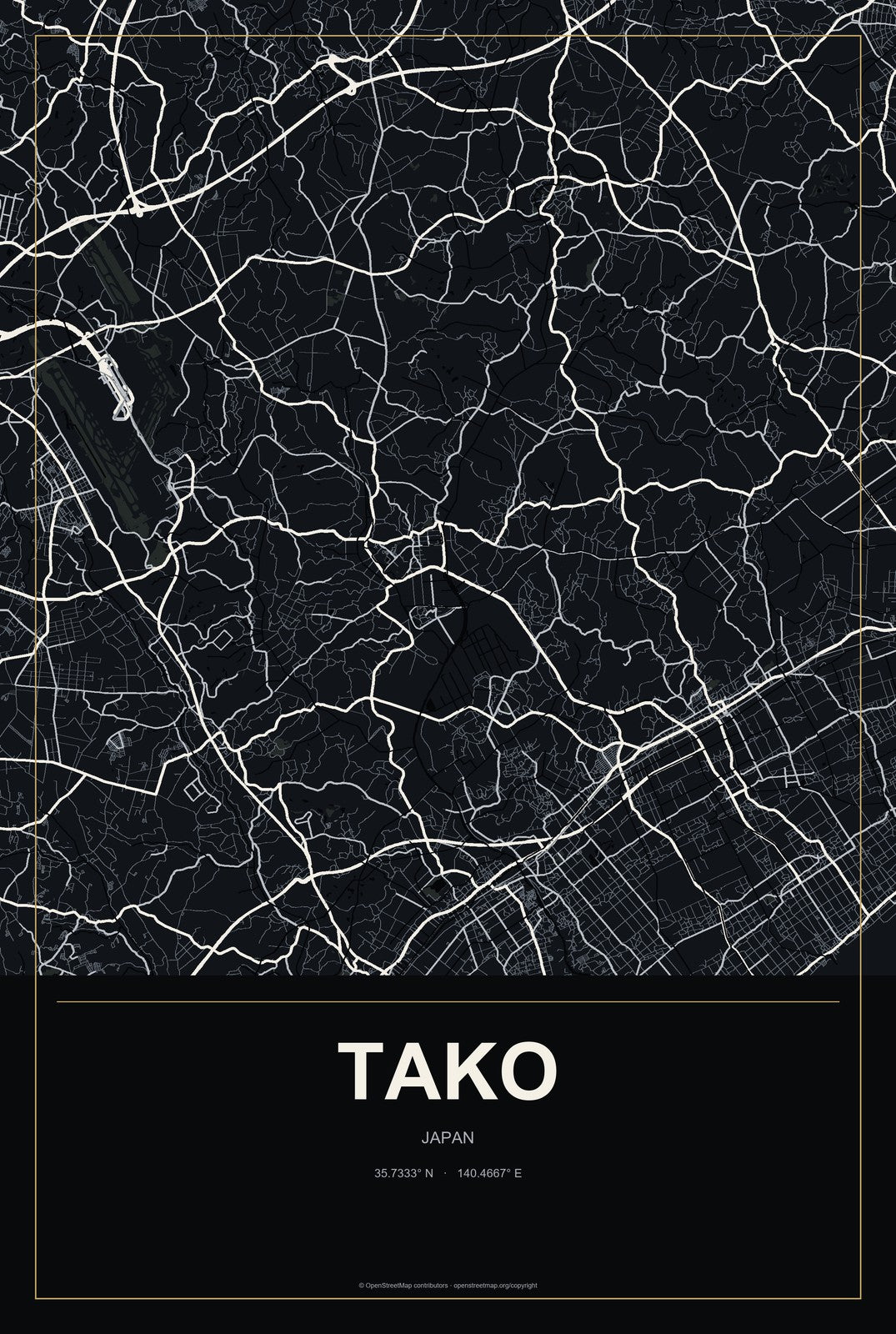 Tako, Japan City Map Aluminum Sign in Metropolitan Noir style