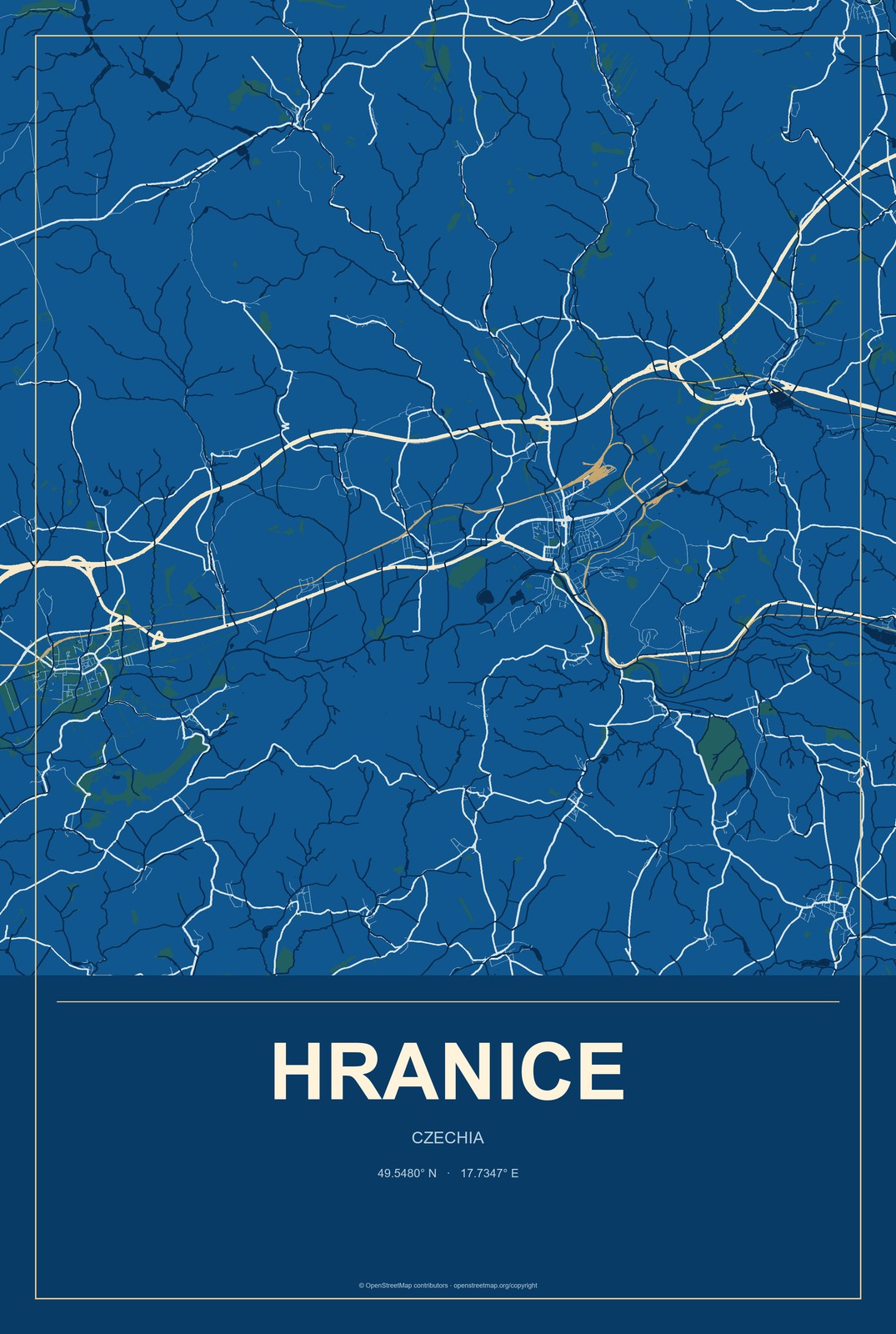 Hranice, Czechia City Map Aluminum Sign in Harbor Cobalt style