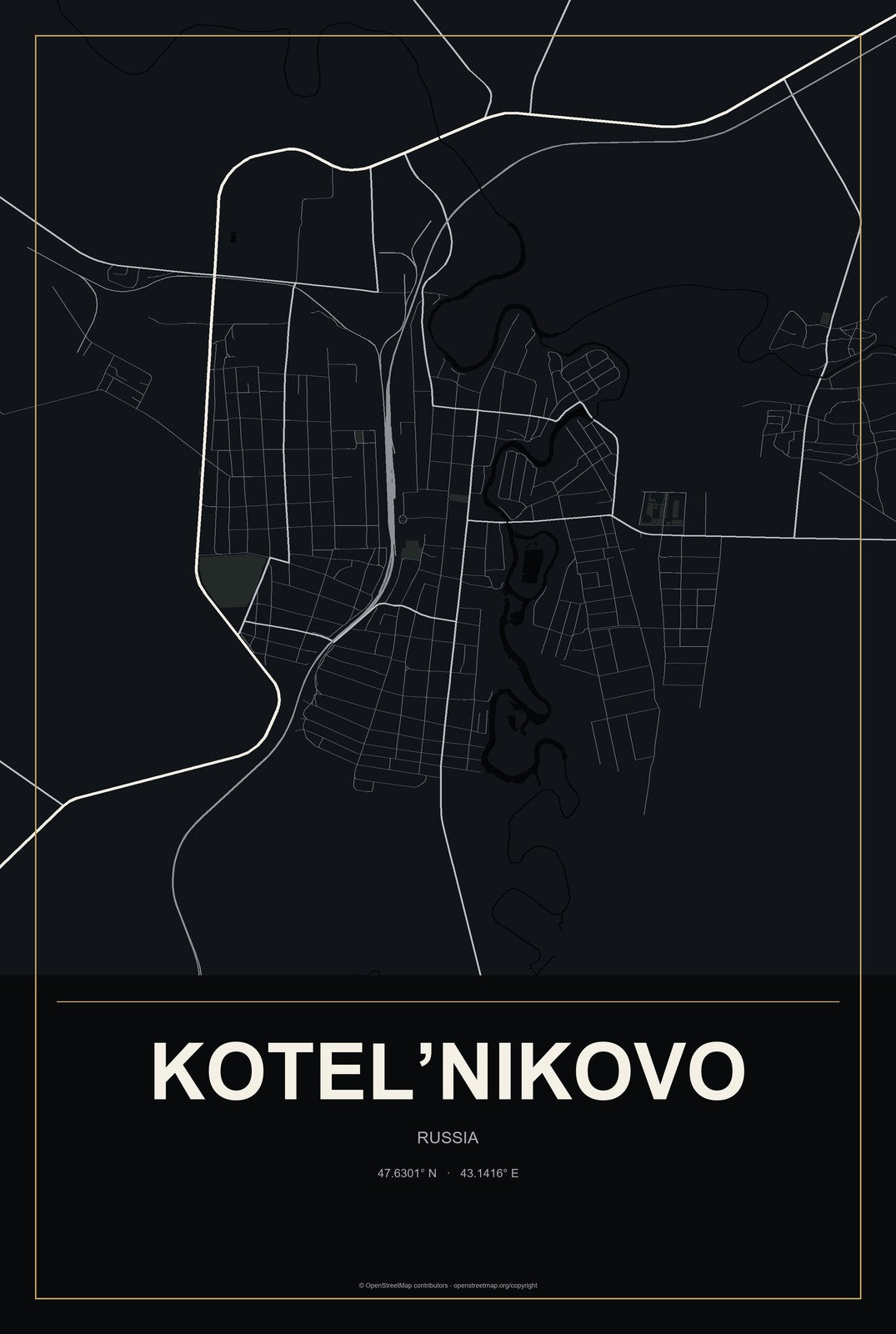 Kotel’nikovo, Russia City Map Aluminum Sign in Metropolitan Noir style
