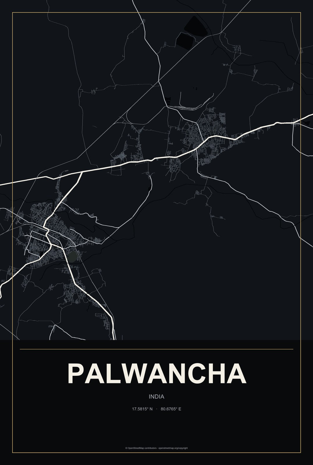 Palwancha, India City Map Aluminum Sign in Metropolitan Noir style