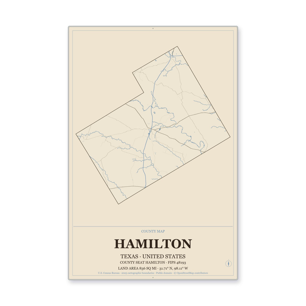 Hamilton County, Texas Map Aluminum Sign in Heritage Nautical style