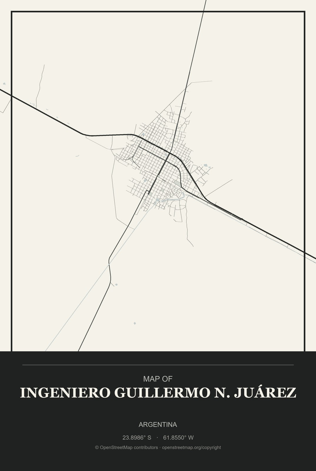 Ingeniero Guillermo N. Juárez, Argentina City Map Aluminum Sign in Museum Plaque style