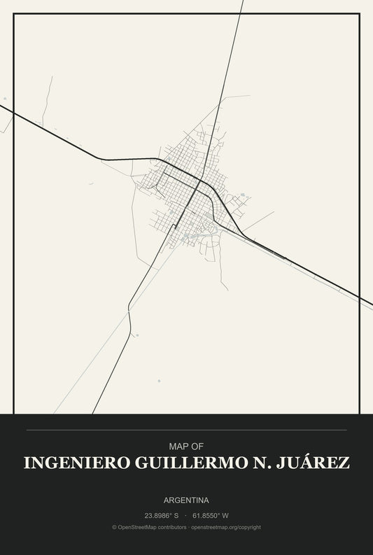 Ingeniero Guillermo N. Juárez, Argentina City Map Aluminum Sign in Museum Plaque style