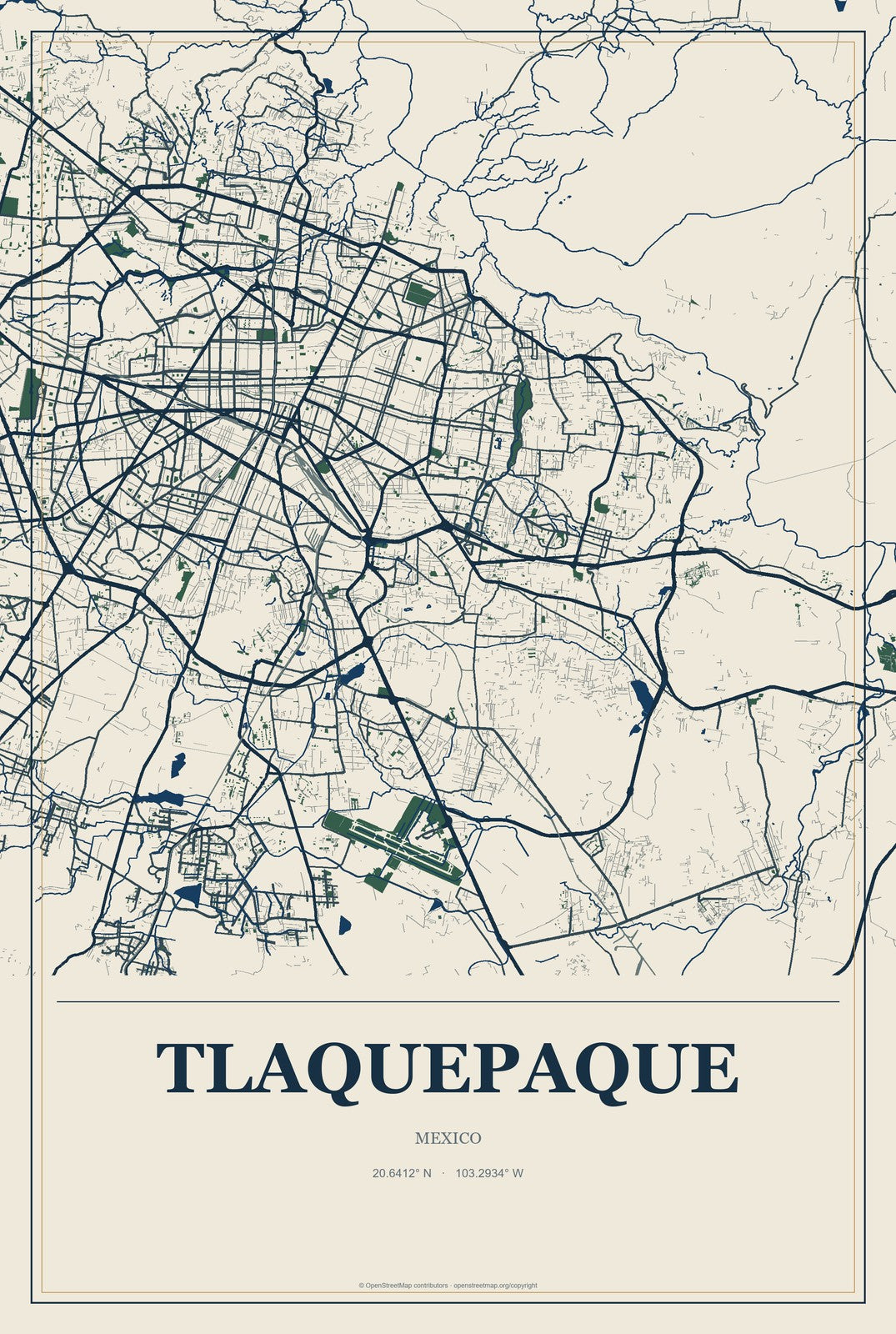 Tlaquepaque, Mexico City Map Aluminum Sign in Coastal Cutout style