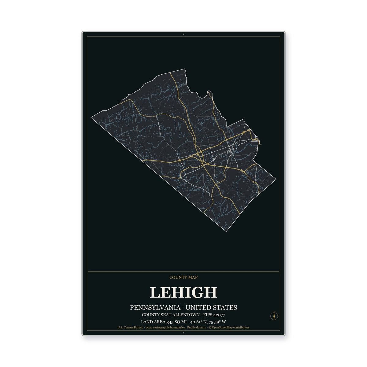 Lehigh County, Pennsylvania Map Aluminum Sign in Metropolitan Noir style