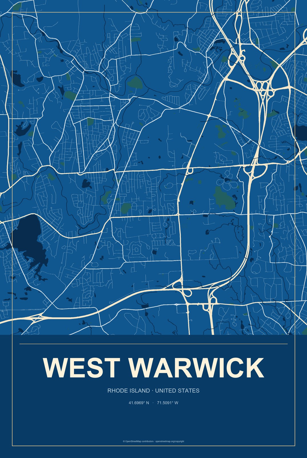 West Warwick, Rhode Island City Map Aluminum Sign in Harbor Cobalt style