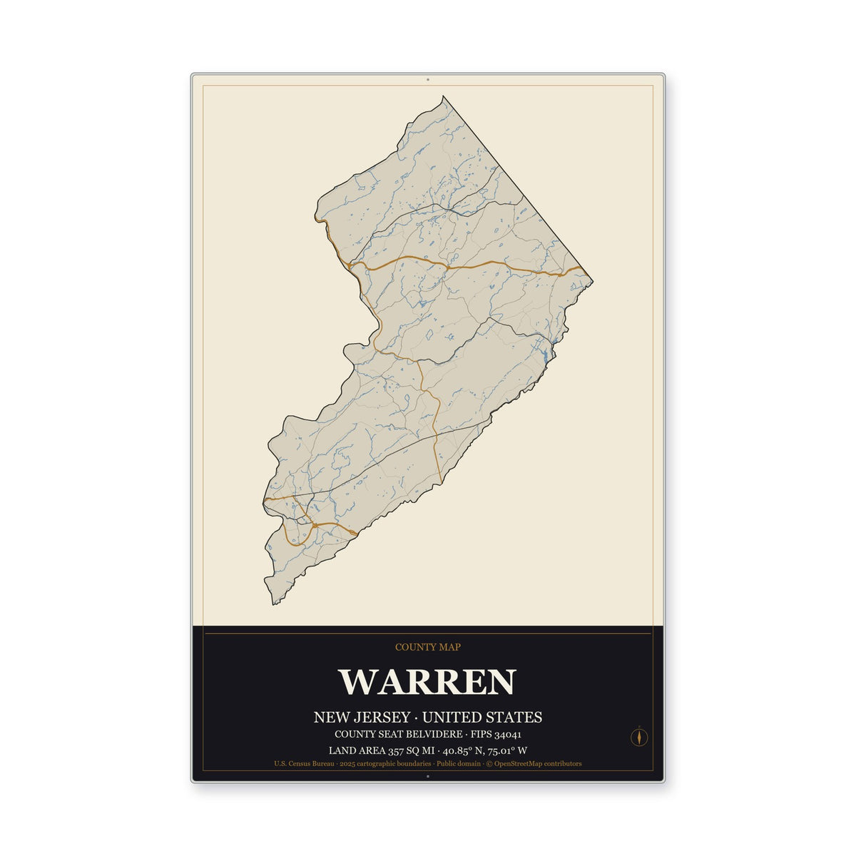 Warren County, New Jersey Map Aluminum Sign in Museum Plaque style