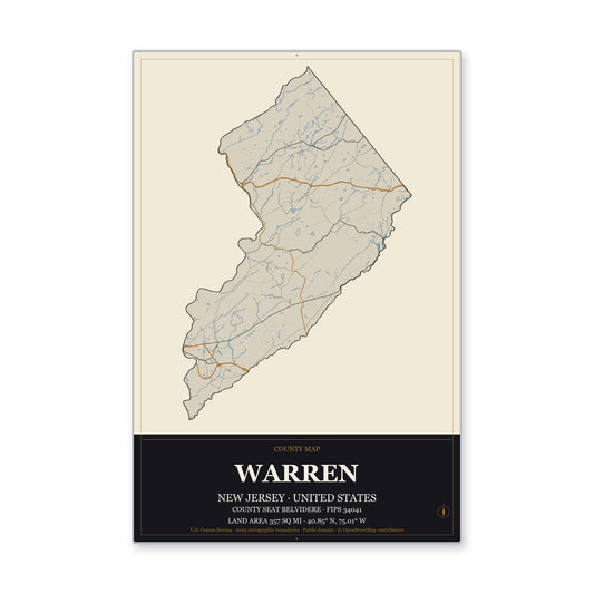 Warren County, New Jersey Map Aluminum Sign in Museum Plaque style