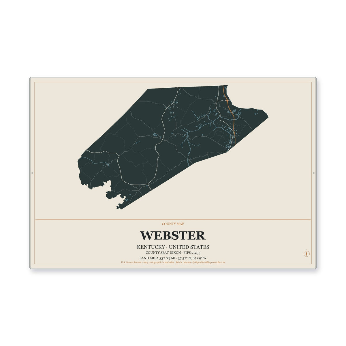 Webster County, Kentucky Map Aluminum Sign in Headline Atlas style