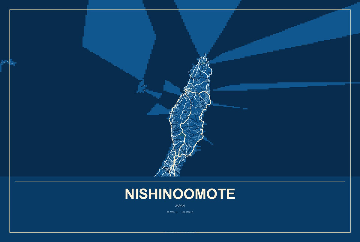Nishinoomote, Japan City Map Aluminum Sign in Harbor Cobalt style