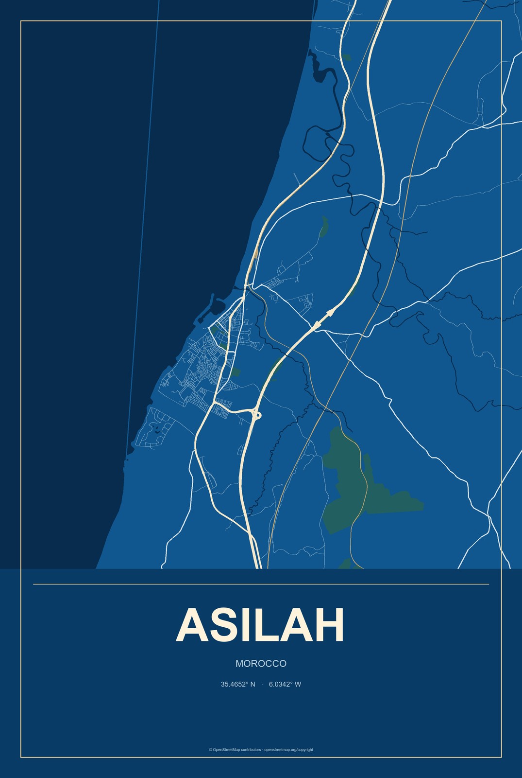 Asilah, Morocco City Map Aluminum Sign in Harbor Cobalt style