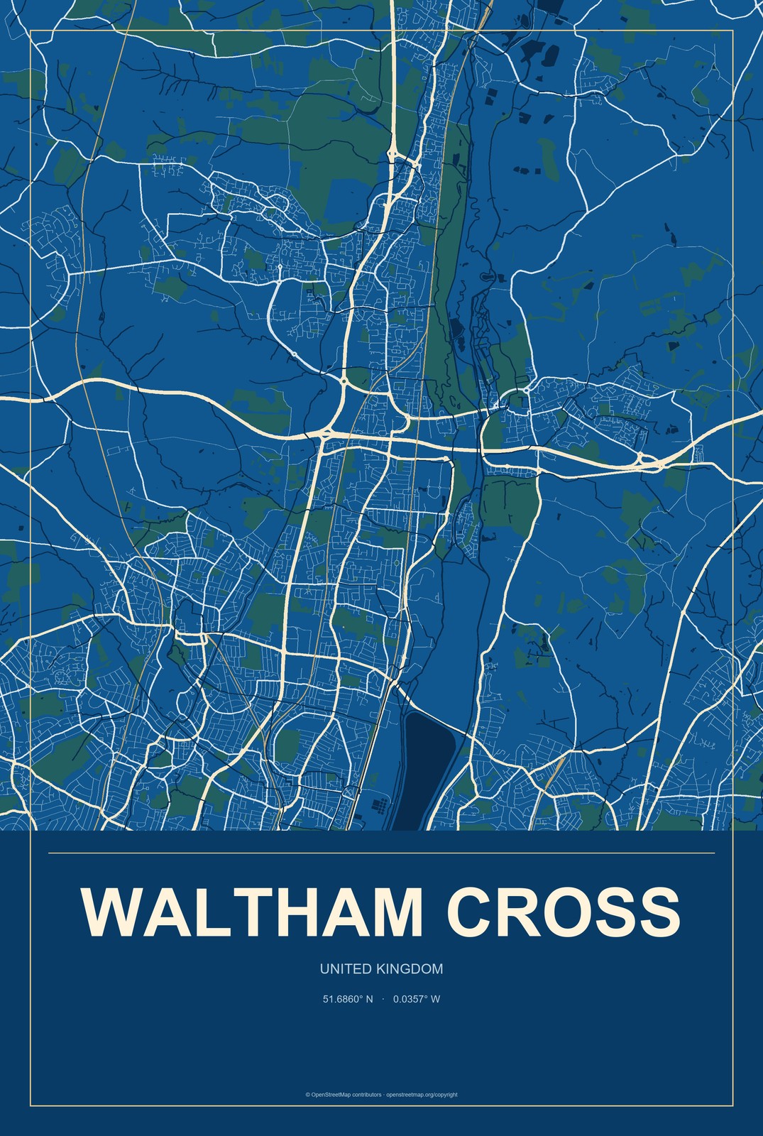 Waltham Cross, United Kingdom City Map Aluminum Sign in Harbor Cobalt style