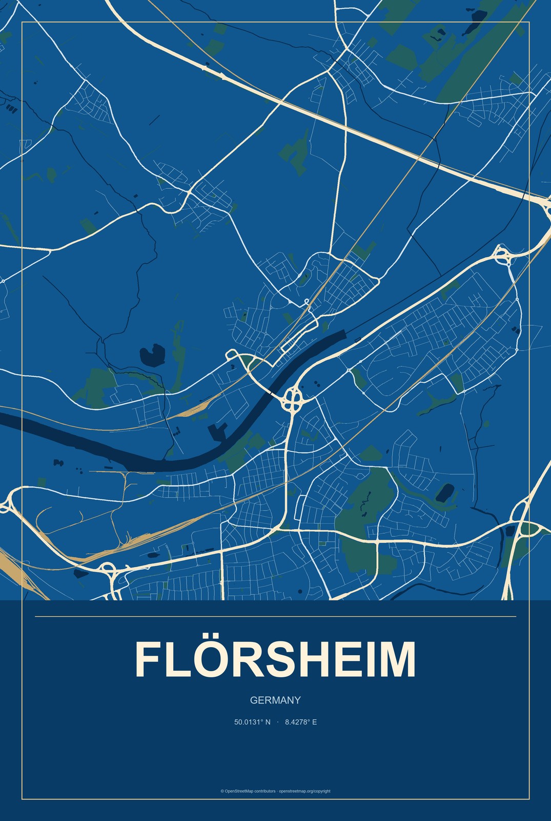 Flörsheim, Germany City Map Aluminum Sign in Harbor Cobalt style